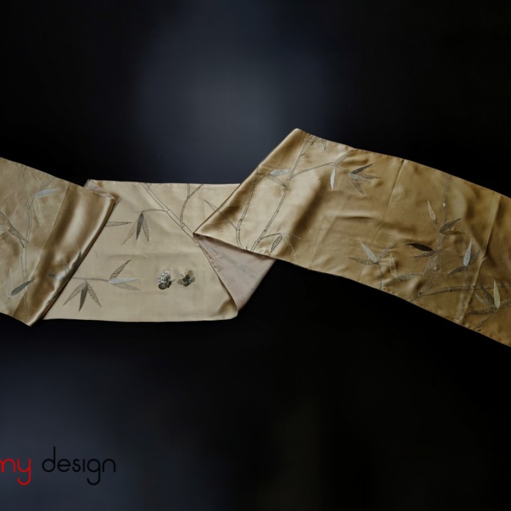 Beige silk scarf with embroidery of bamboo